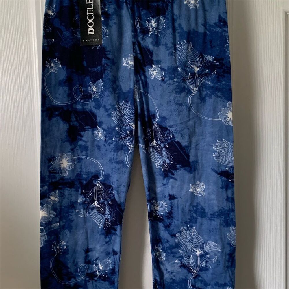 Docele Women's M Blue‎ Floral Print Capris Pants Casual